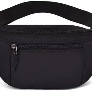 Black water-resistant nylon crossbody waist bag with 3 pockets, adjustable strap